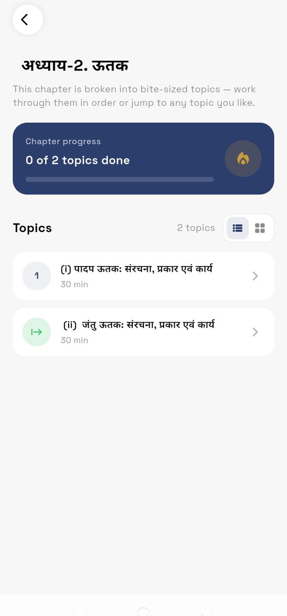 Chapter screen with topic progress