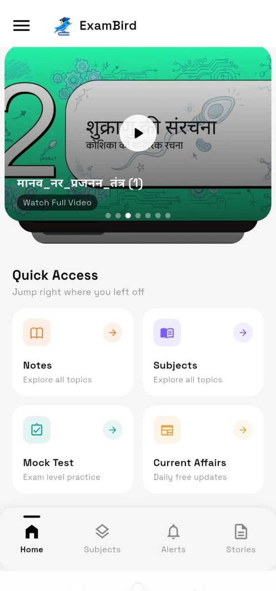 ExamBird home screen with quick access to notes, subjects, mock tests and current affairs